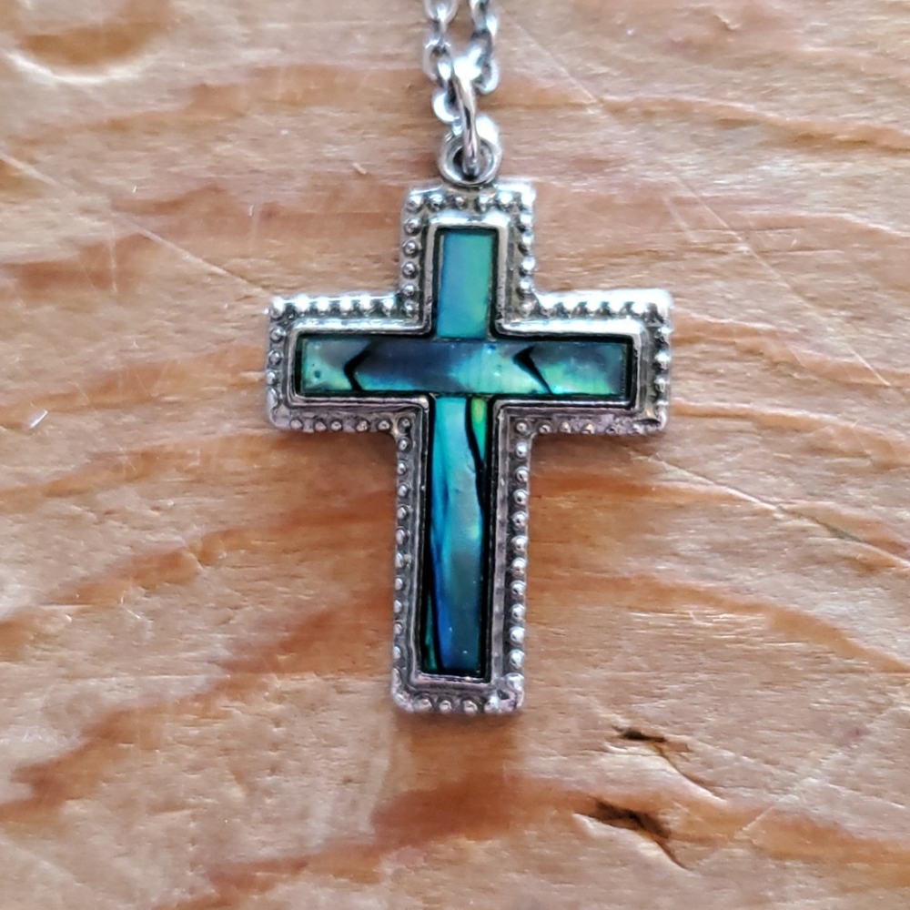 Abalone shell and silver metal cross necklace